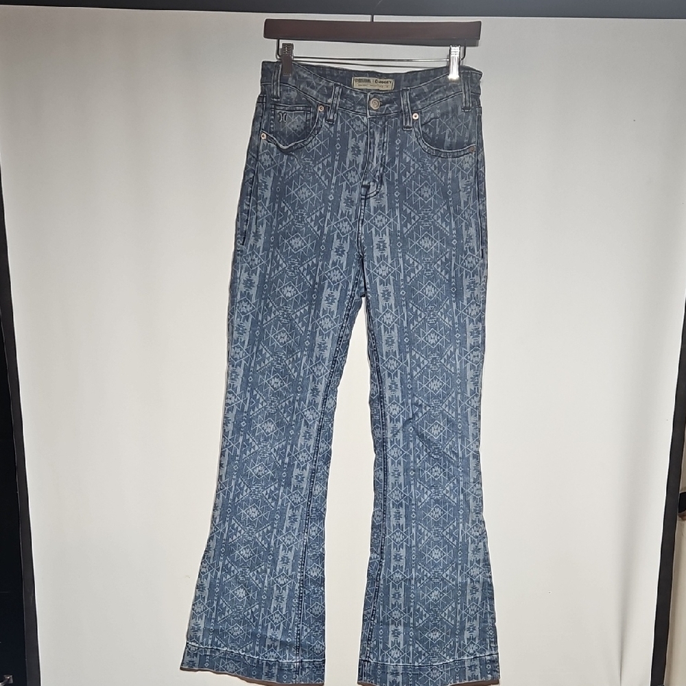 Hooey High Rise Blue Patterned Rock And Roll Denim Flare Jeans